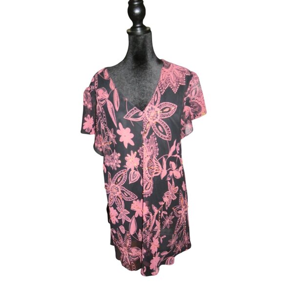 BOGO Signature JMD Black & Pink Floral Button up short sleeve Blouse 2X - Picture 1 of 8